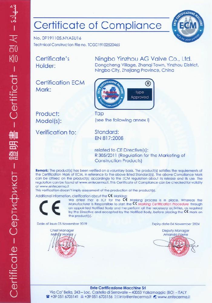 Ningbo Yinzhou AG Valve Co., Ltd. Certificate 1